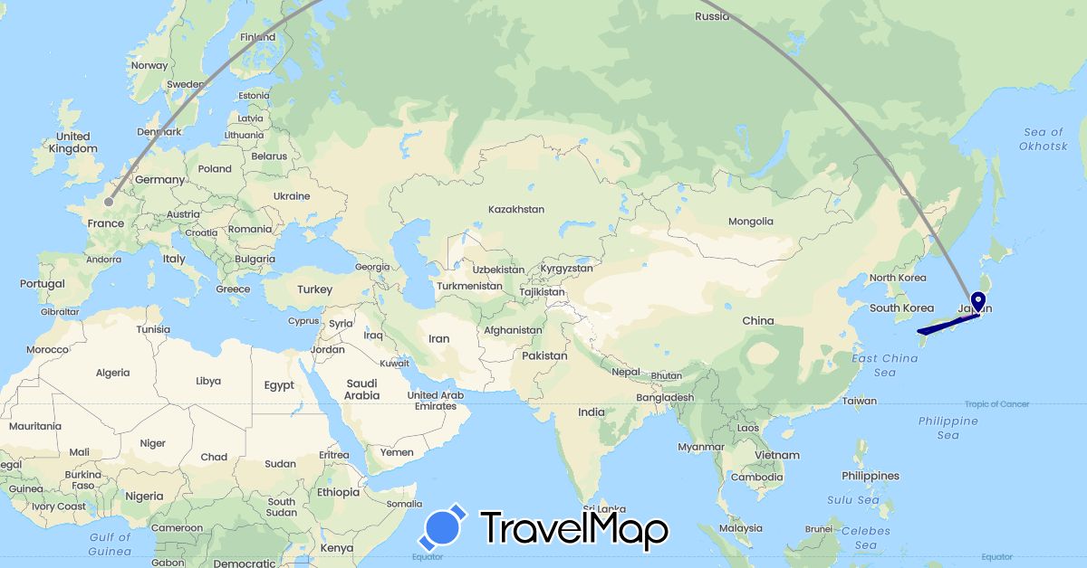 TravelMap itinerary: driving, plane, train in France, Japan (Asia, Europe)